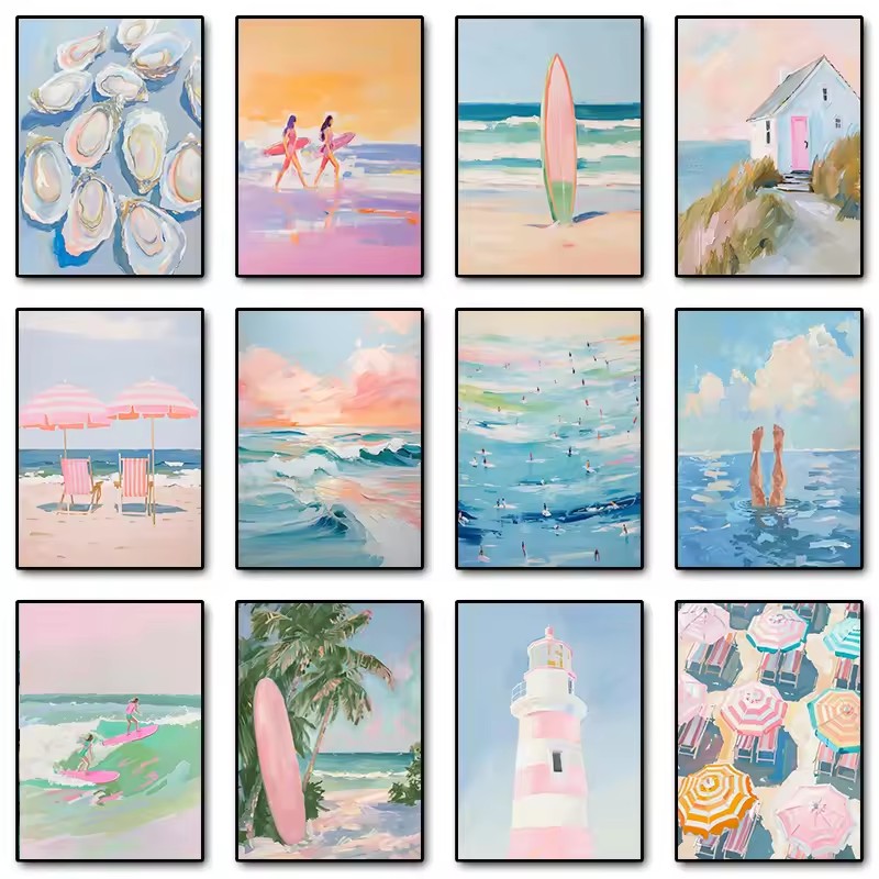 Resin Art Beach - Розовый акварельный постер с морскими волнами